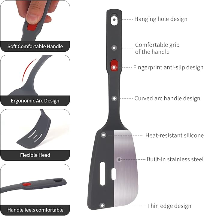 Hvanam Flexible Silicone Spatula Set For Nonstick Cookware Rubber Silicone Bpa-Free Heat Resistant Heavy Duty Kitchen Turner Large,Slotted Flipper And Small Spatulas For Egg Fish Pancake Cookie (Grey)