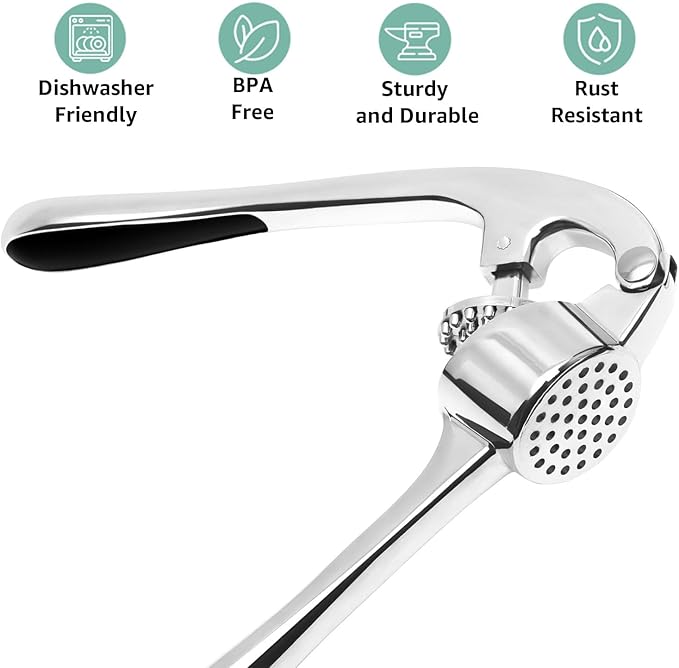 Garlic Press Crusher & Mincer – Easy Squeeze Ergonomic Handle, Heavy Duty Zinc Alloy, Dishwasher Safe, Includes Peeler & Cleaning Brush – Garlic Ginger Crusher Tool (Imperial Silver)