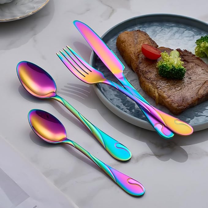 Seeshine Rainbow Silverware Set for 6, 30-Piece Stainless Steel Flatware Set, Shiny Rainbow Metal Cutlery Set, Include Fork, Knife and Spoon Set, Dishwasher Safe