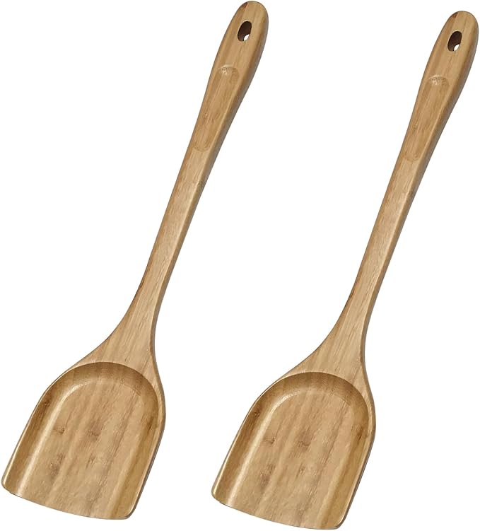 GEEKHOM Flat Wooden Spatula Teak Turners: 13 Inch Bamboo Utensils for Nonstick Cookware, Pancake Fish Egg Flipper, Stirring Serving Scraping 2 PCS