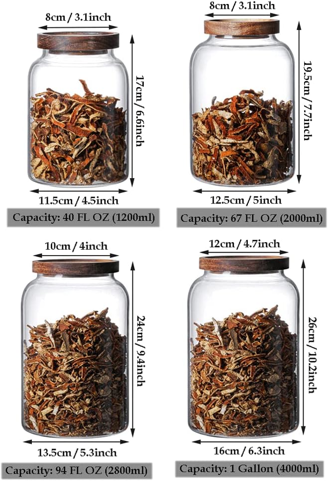 WINAKUI Large Glass Jars with Airtight Wooden Lid, Food Storage Glass Canister, Clear Cereal Storage Container for Flour, Sugar, Coffee Beans, Snack (40 FL OZ (1200ml))