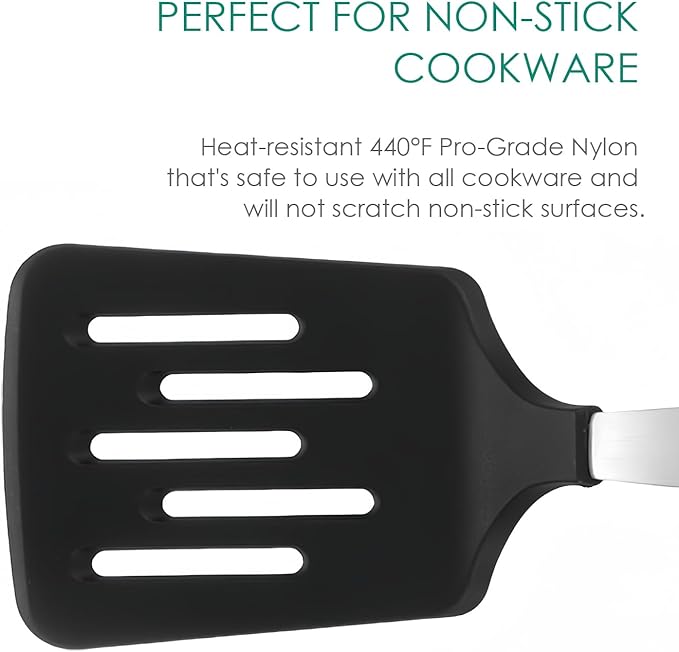 FONGLUAN Stainless Steel Cooking Slotted Turner With Heat-resistant BPA-free nylon head Safe for Non-Stick Cookware POM Handles Heavy Duty Kitchen Spatulas For Serving