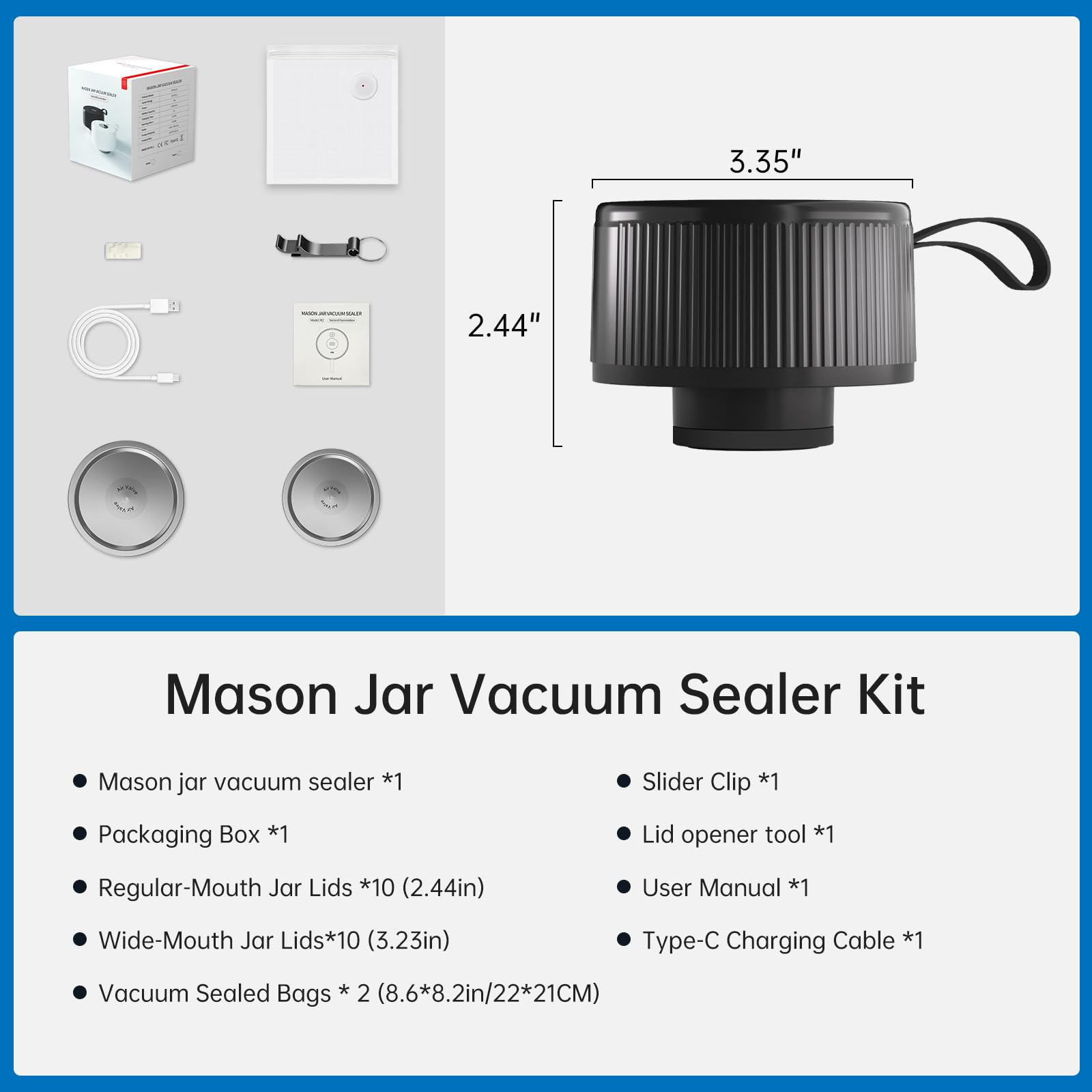 Electric Mason Jar Vacuum Sealer Kit, 3-in-1 Handheld Jar Sealer, Black