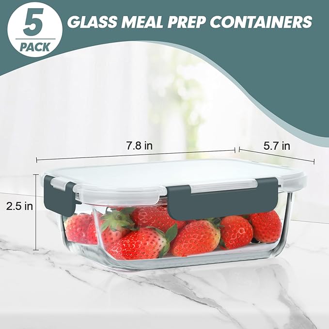 KOMUEE 30 oz 5 Pack Glass Meal Prep Containers with Lids, Gray