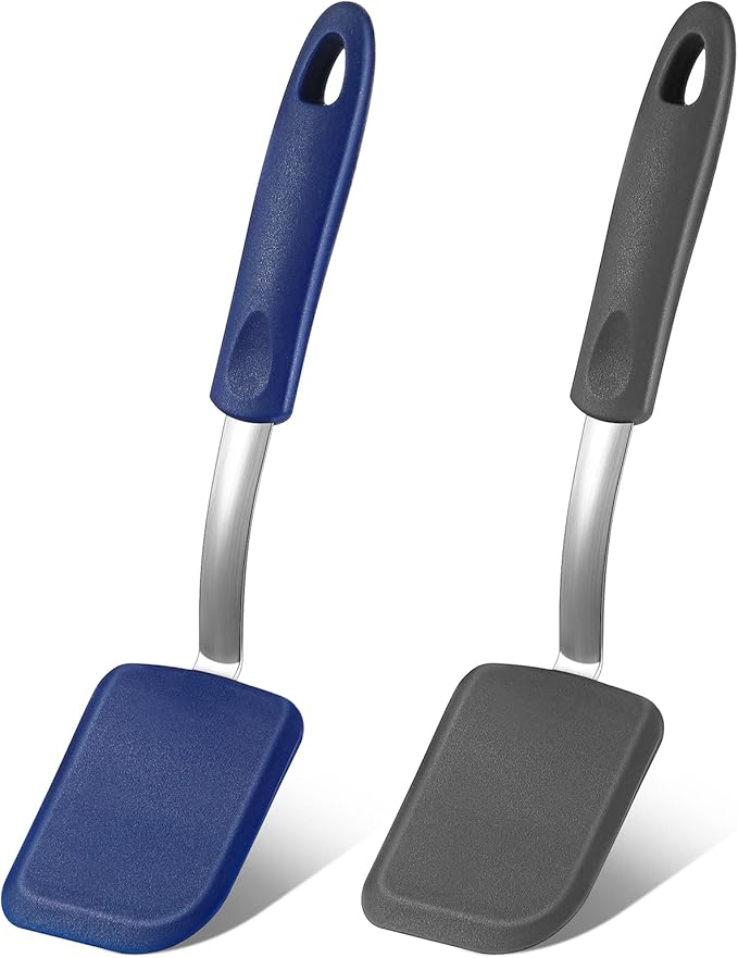 Yetene Silicone Cookie Spatula Turner 2 Pack Mini Brownie Spatula Flexible Kitchen Small Silicone Turner for Nonstick Cookware Heat Resistant No Scratch Flipper for Egg(Solid Flat,Gray, Blue)