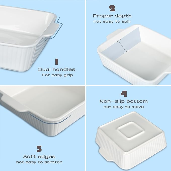cikiciki 10" Square Ceramic Casserole Dish Set of 2-2.6 Qt Deep Baking Dishes with Handles for Oven, Lasagna Pan for Casseroles Cake Bread, Microwave Dishwasher Safe Bakeware Set, White
