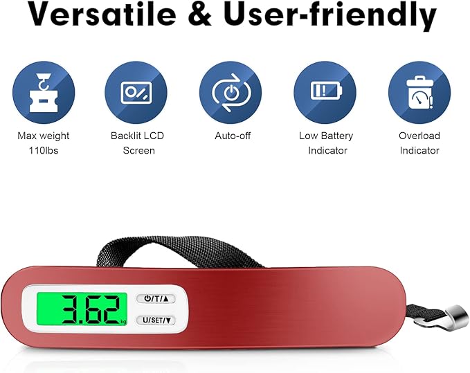 BAGAIL Digital Luggage Scale,110lbs Hanging Baggage Scale with Backlit LCD Display,Portable Suitcase Weighing Scale,Travel Luggage Weight Scale with Hook,Strong Straps for Travelers(Bright Red)