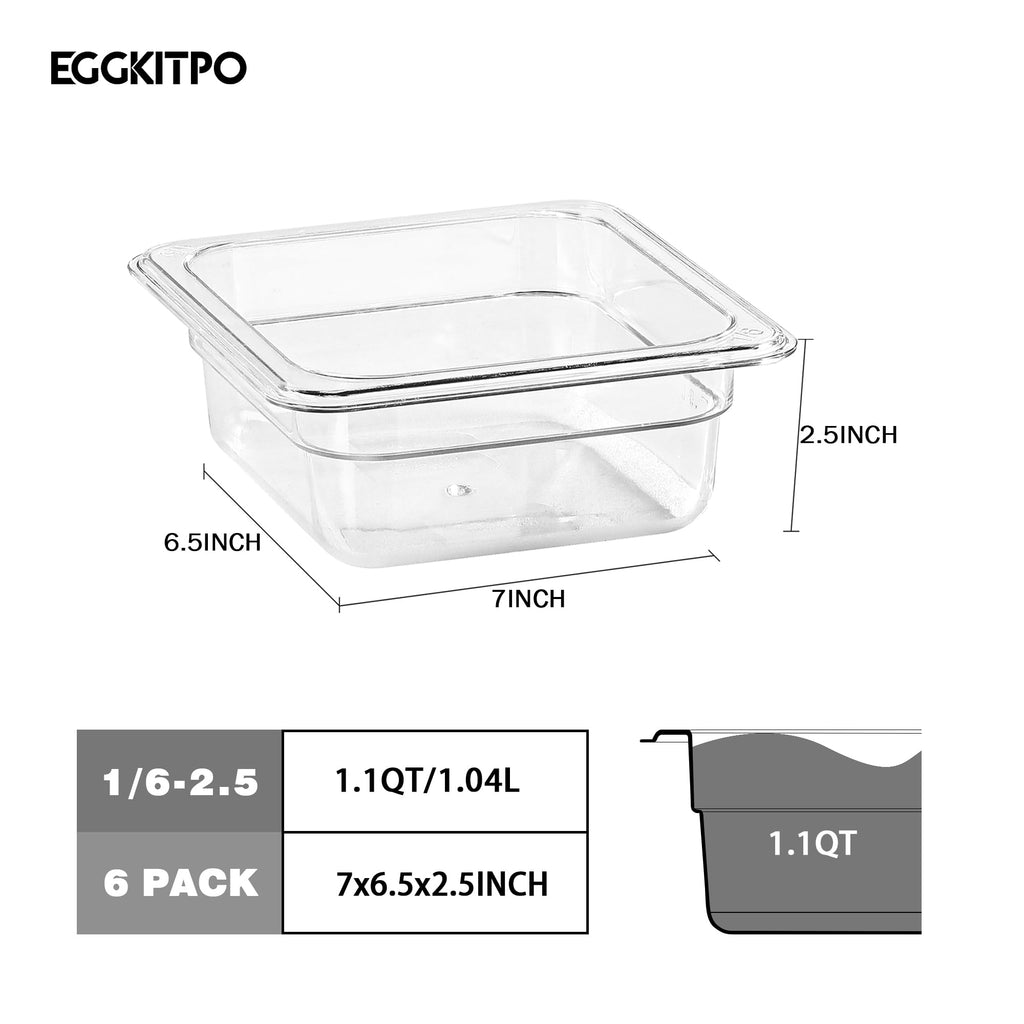 EGGKITPO 1/6 Clear Food Pans 6 pack 2.5 Inch Deep Pan Stackable Polycarbonate Food Pan for Commercial Kitchen Restaurant Use BPA free