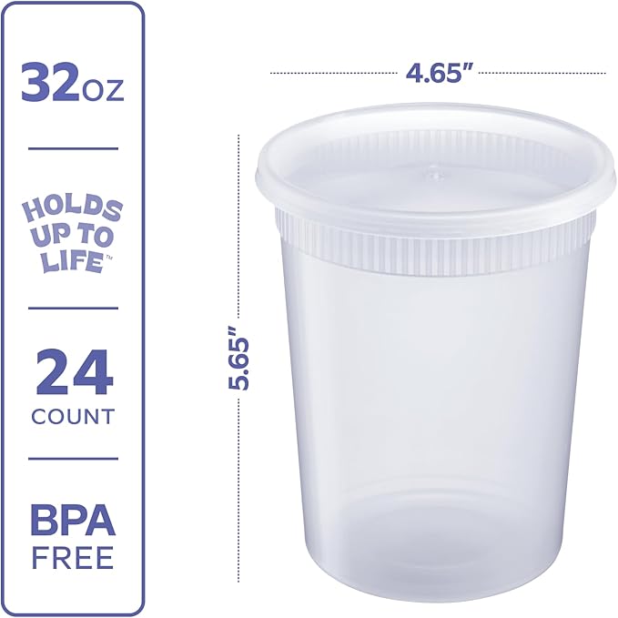 GUSTO 32 oz Plastic Deli Containers with Lids [24 Sets] Food Storage