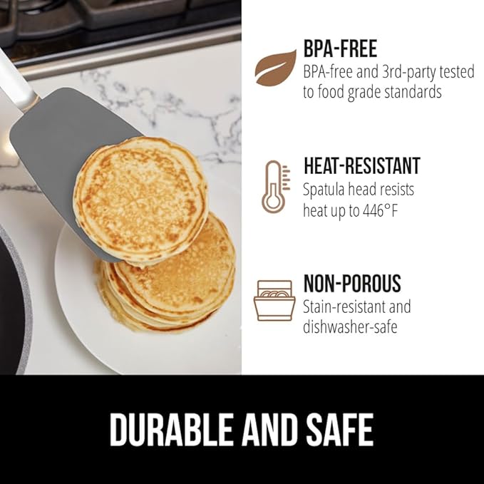 GORILLA GRIP BPA-Free Silicone Spatula for Non Stick Frying Pan, 2 PK, Heat Resistant Flexible Head, Patented Soft Comfortable Handle, Non-Scratch Kitchen Turner, Flip Burgers, Pancakes, 11.6 in, Gray