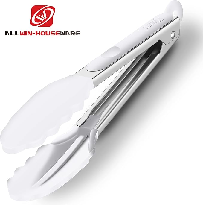 2 Pack Silicone Kitchen Tongs – 9" & 12" Set, Heat Resistant up to 500°F, Non‑Stick Cookware Safe, Wavy Silicone Tips, BPA Free, Locking Clip & Hanging Loop, Light Grey
