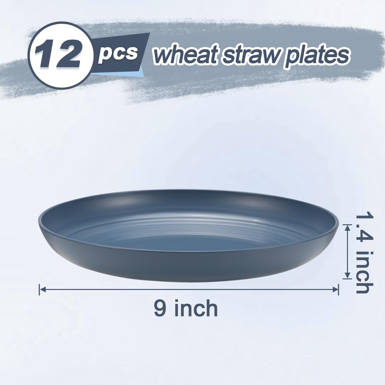 HEYCOME 12 Pcs Unbreakable Deep Dinner Plates Set, 9 inch Reusable Plastic Wheat Straw Plates, Microwave and Dishwasher Safe Plate for Kitchen, Lightweight Plate for Dessert, BPA Free, Dark Blue