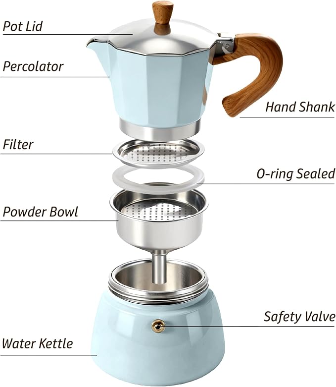 AGOGO Moka Pot Stovetop Espresso Set & Cuban Coffee Maker 6-Cup/300ml Blue
