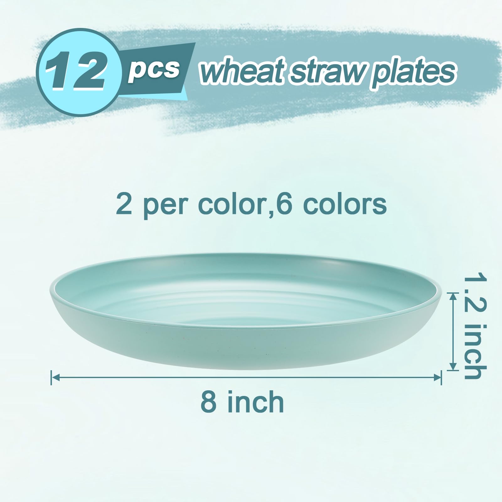 HEYCOME 12 Pcs Unbreakable Deep Dessert Plates Set, 8 inch Reusable Plastic Wheat Straw Plates, Microwave and Dishwasher Safe Plate for Kitchen, Lightweight Plate for Dessert, BPA Free, 6 Colors