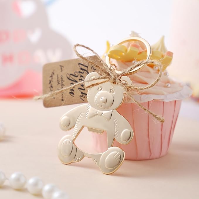 Uezea Bottle Openers Baby Shower Return Favors for Guests Cute Bottle Opener Decorations and Souvenirs with Organza Bags Tags for Theme Party Favors (Retro Style,73 pieces) (Teddy bear)