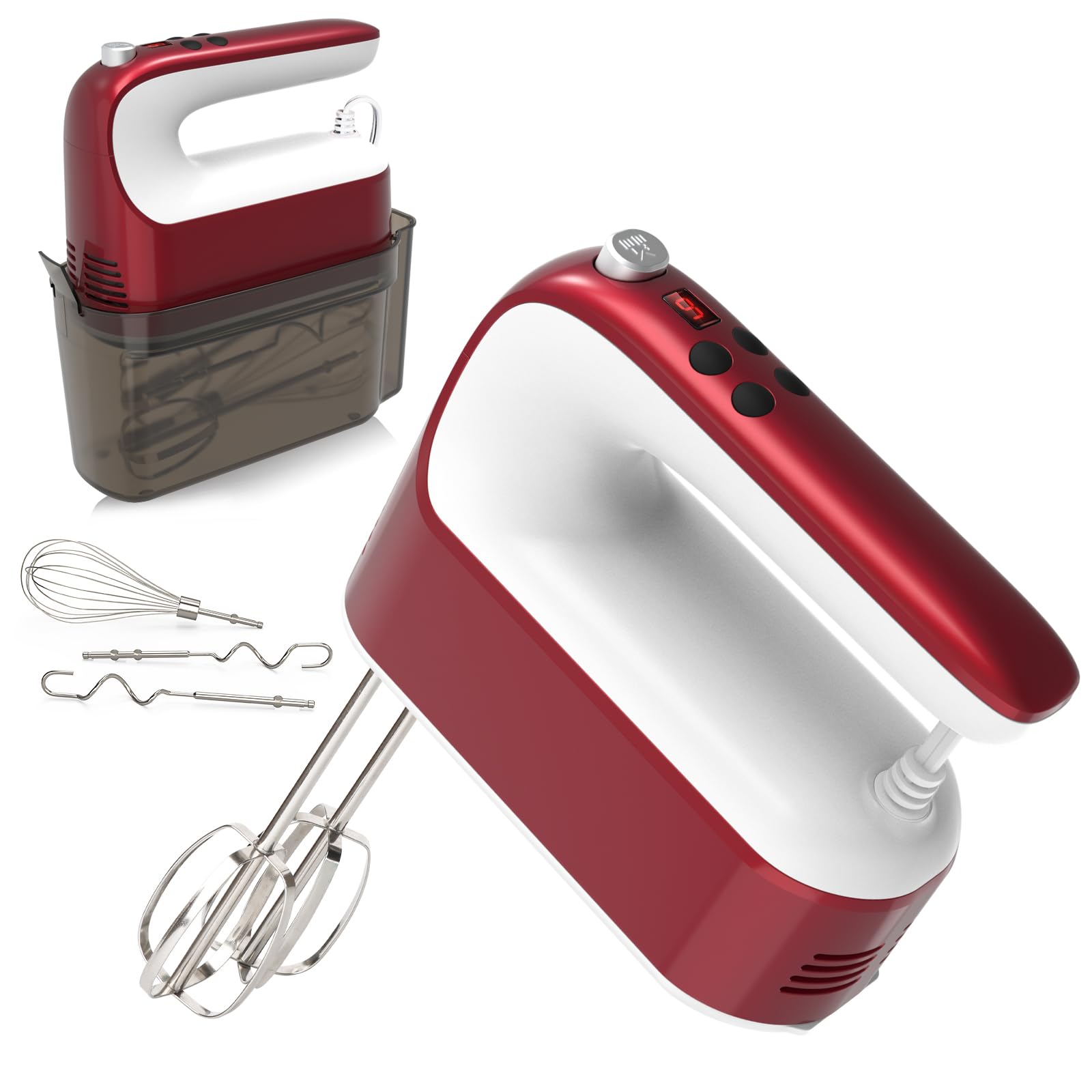 Yomelo 9-Speed Digital Hand Mixer Electric, 400W Powerful DC Motor, Hand Mixer Electric Handheld with Snap-On Storage Case, 5 Stainless Steel Accessories, Beaters, Dough Hooks, Whisk(Red/White)