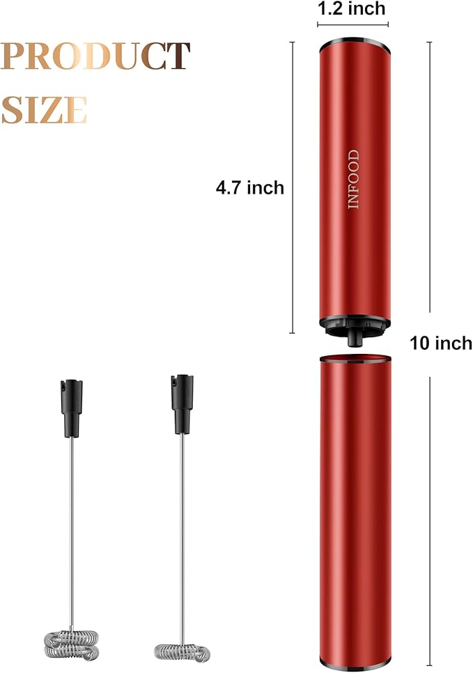 INFOOD Rechargeable Milk Frother with Cover, 2-Speed, 2 Whisks, Red