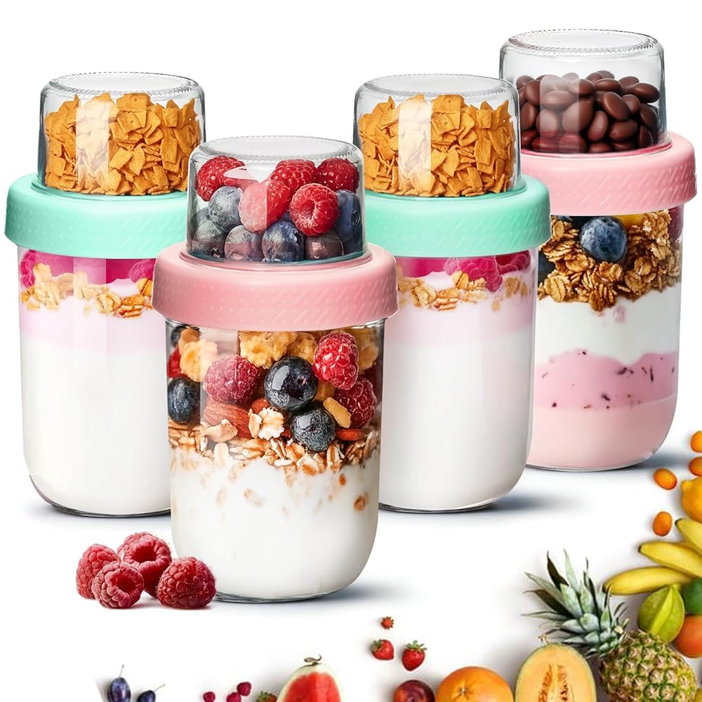 ComSaf 16+4Oz 4Pcs Overnight Oats Containers with Lids, Dual-Layer Jars