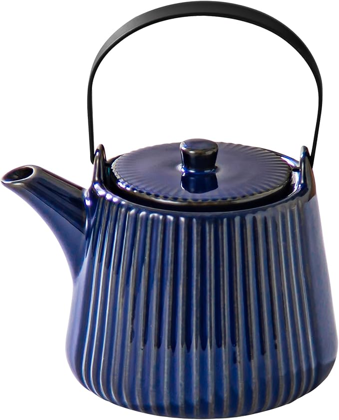 Yundu Ceramic Teapots for Tea, 1000ml/33.8oz Tea Pot with Infusers for Loose Tea, Striped Tea Pot with Removable Tea Infuser - Reactive Blue