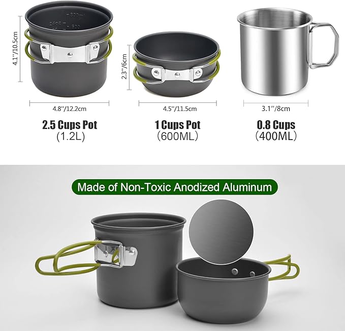 Odoland 8pcs Camping Cookware Mess Kit, Camping Pot and Pan Set with Mini Backpacking Stove, Stainless Steel Cup, Spork and Tank Bracket, Cooking Gear for Outdoor, Hiking, Picnic, Campfire, Green