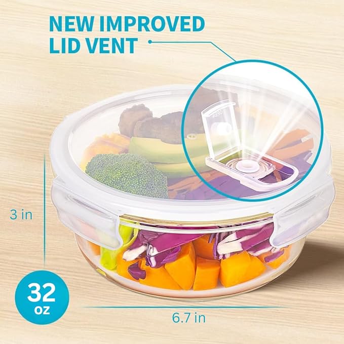 Igluu Meal Prep Round Glass Containers with Air Vent Lids (5 Pack) – 32oz