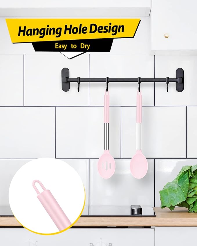 BUNDLEPRO Silicone Cooking Spoons for Non Stick Cookware, 2 Pack, Pink