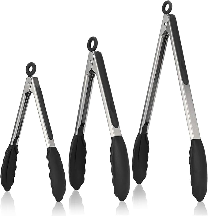 U-Taste Kitchen Tongs for Cooking, 600ºF Heat-Resistant Silicone, 3Pc/Black