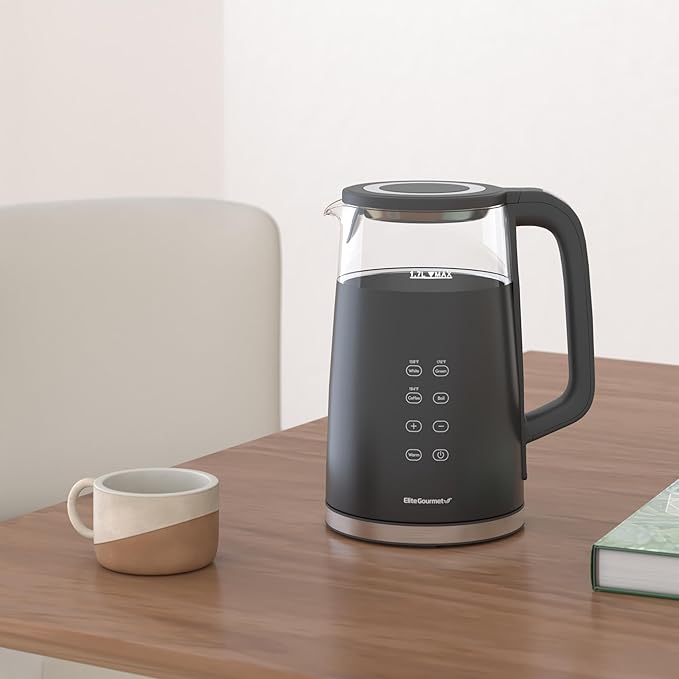 Elite Gourmet 1.7L Dual-Wall Cool-Touch Tea Kettle, Touchscreen, Black
