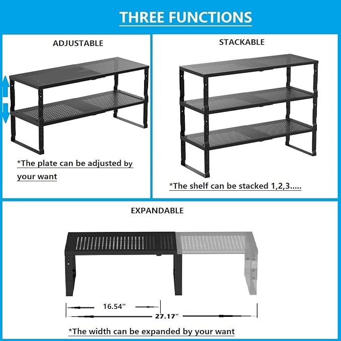 Wobmmi Expandable,Adjustable & Stackable Spice Rack, Cabinet Kitchen Countertop Shelf Organizer,Metal Pantry Storage Shelves - Space-Saving Storage Solution(1Pack/Black/Large)