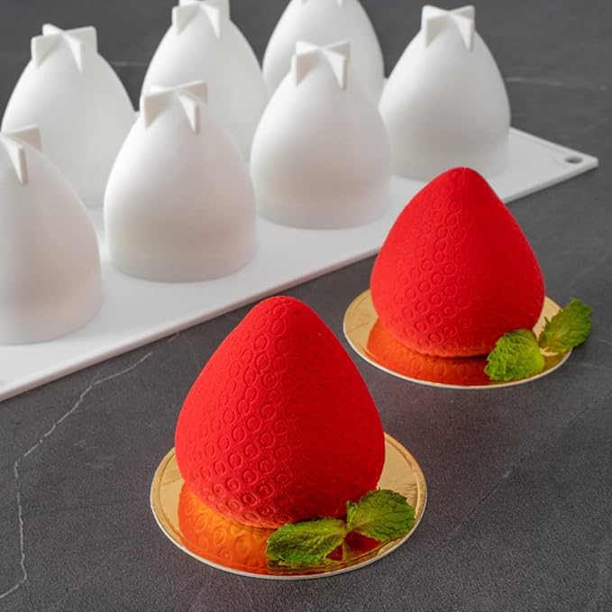 Pastry Tek 8 Cavities Strawberry Silicone Molds, 10 Oven-Ready Strawberry Molds - Flexible, Freezable, White Silicone Fruit Silicone Molds, Easy Release, For Baking - Restaurantware