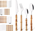 Uniturcky Bamboo Handle Silverware Set, 24-Piece Flatware Set for 6, Stainless Steel Cutlery Eating Utensils Include Forks Spoons and Knives for Daily Use and Party, Reusable and Modern Design