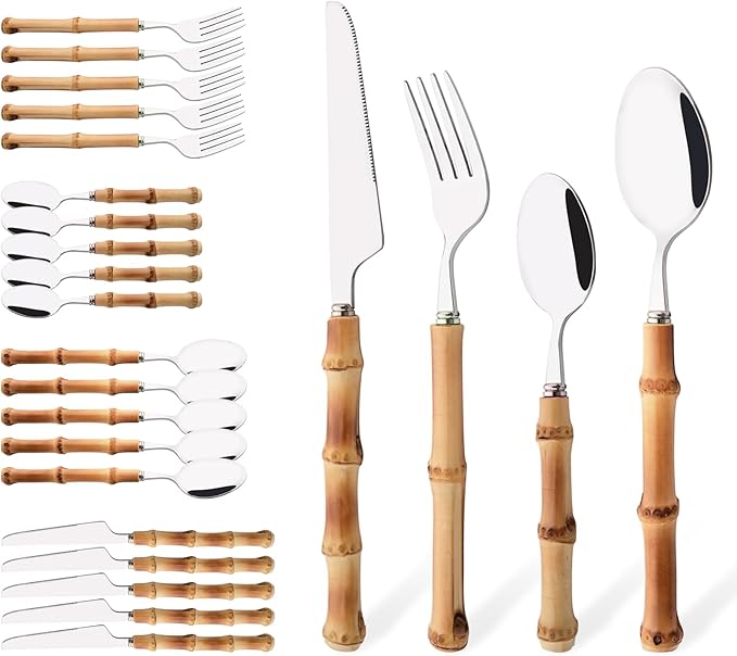 Uniturcky Bamboo Handle Silverware Set, 24-Piece Flatware Set for 6, Stainless Steel Cutlery Eating Utensils Include Forks Spoons and Knives for Daily Use and Party, Reusable and Modern Design