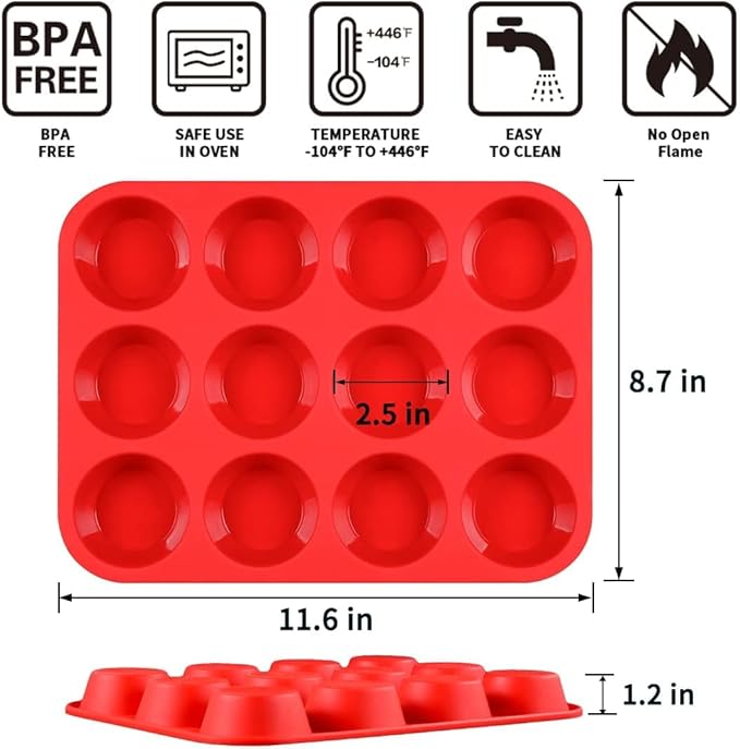 Silicone Muffin Pan, 12-Cup Cupcake Pan for Baking 3 Pack Nonstick Food Grade Silicone Muffin Tray