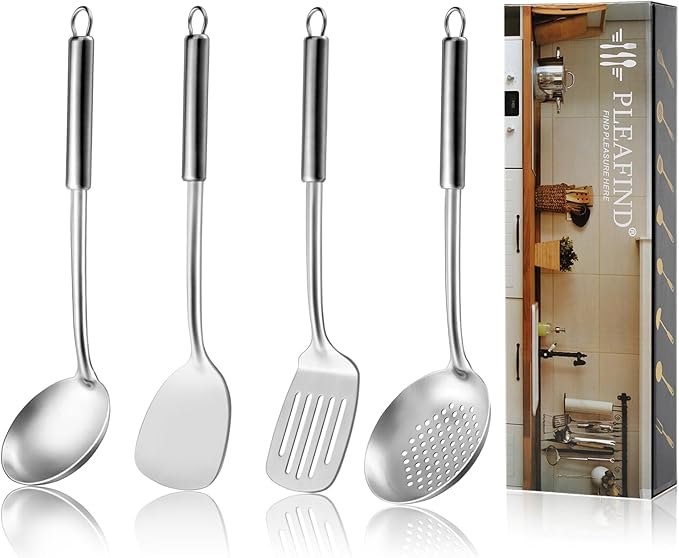 Pleafind Cooking Utensils Set - 4 Pcs Stainless Steel Kitchen Utensils Set with Solid Turner, Slotted Turner, Serving Ladle, Slotted Spoon, Wok Utensils Set with Heat Resistant Handle, Dishwasher Safe