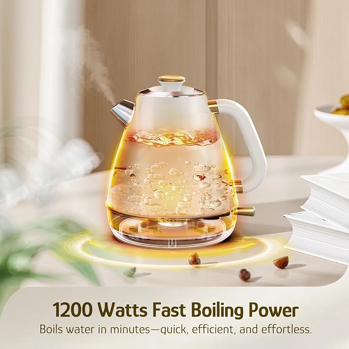 Hazel Quinn Retro Electric Kettle, 1.7 Liters with Thermometer, Pearl White