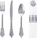 WELLIFE 50 Pack Silver Plastic Silverware, Wrapped Silverware Set Disposable,Include 50 Forks, 50 Knives, 50 Spoons and 50 Napkins, Disposable Cutlery for Party and Wedding