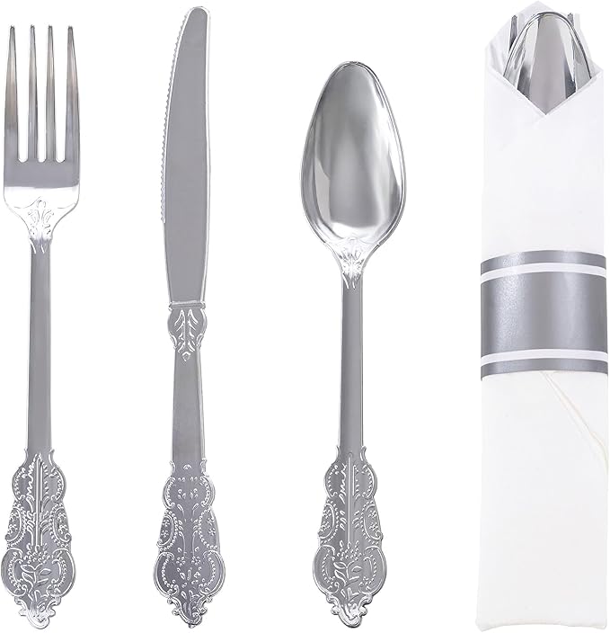WELLIFE 50 Pack Silver Plastic Silverware, Wrapped Silverware Set Disposable,Include 50 Forks, 50 Knives, 50 Spoons and 50 Napkins, Disposable Cutlery for Party and Wedding