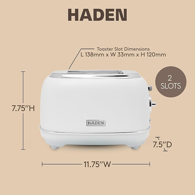 Haden Chelsea 2-Slice Wide Slot Stainless Steel Toaster with Adjustable Browning Control & Non-Slip Feet, Ivory & Chrome