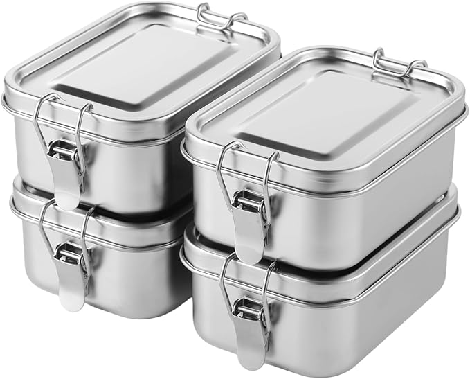Tideme 4 PCS Bento Boxes, 550 ML Stainless Steel Lunch Boxes, Food Storage Containers, Portable Metal Lunch Containers, Lockable Clips to Leak Proof, Reusable Dishwasher Safe Lunch Snack Boxes
