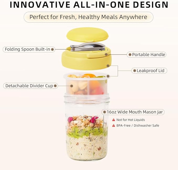 UWILLION 4 Pack Overnight Oats Containers with Handles, 16 oz Glass Mason Jars with Lids, Folding Spoons & Topping Compartments, Yogurt Parfait Cups for Weekly Meal Prep, Chia Pudding & Snacks