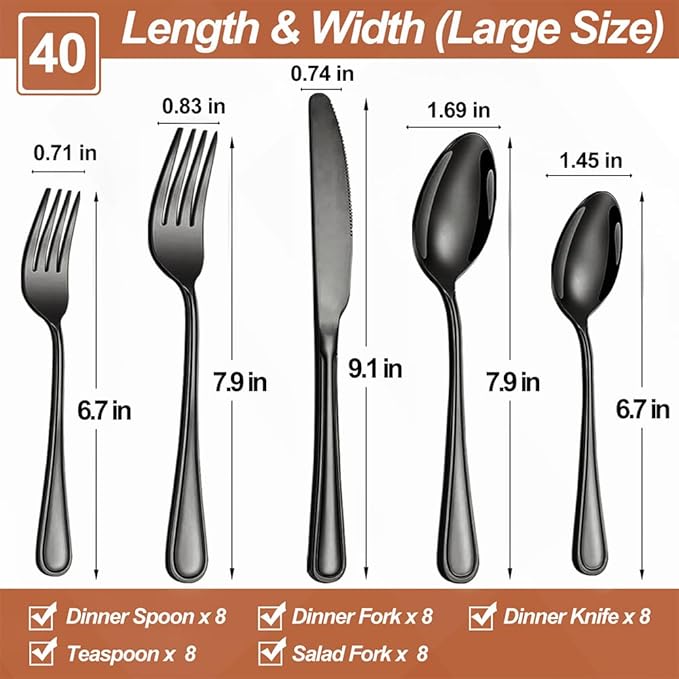 40 Pcs Black Silverware Set for 8, Food Grade Stainless Steel Flatware Set, Eating Utensils Sets Include Fork/Knife/Spoon, Reusable Cutlery Set for Home Kitchen, Dishwasher Safe, Double-stripe