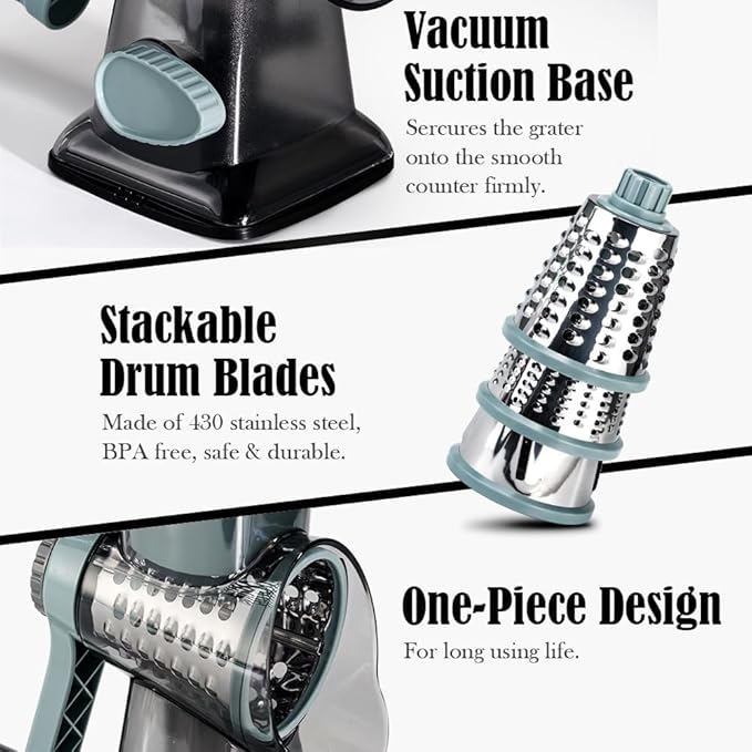 Badelite Cheese Grater Vegetable Cheese Shredder Slicer Grater for Kitchen 3 Changeable Blades for Cheese Potato Zucchini Nuts Chocolate (Grey Blue)