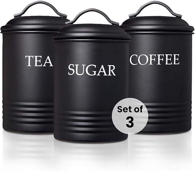 Steelware Central Kitchen Canister Set of 3 Sugar Coffee Tea with lids Food Storage, Black