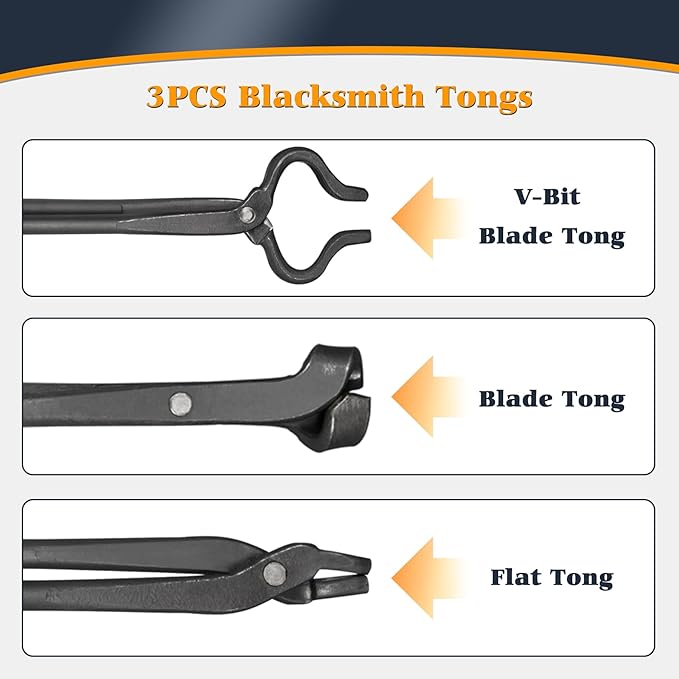V-SEK Blacksmith Tongs Set - V-Bit, Blade, Flat, Steel Forge Tongs (3PCS)