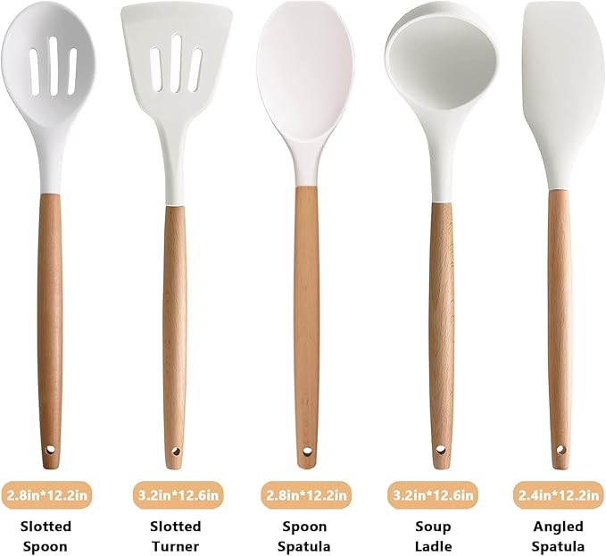 IOCBYHZ Silicone Kitchen Utensils Set of 5, Cooking Utensil Set with Heat Resistant Wooden Handle Non-Stick Silicone Spatula Spoon Turner Ladle, BPA FREE Cooking Kitchen Gadgets for Cookware & Baking