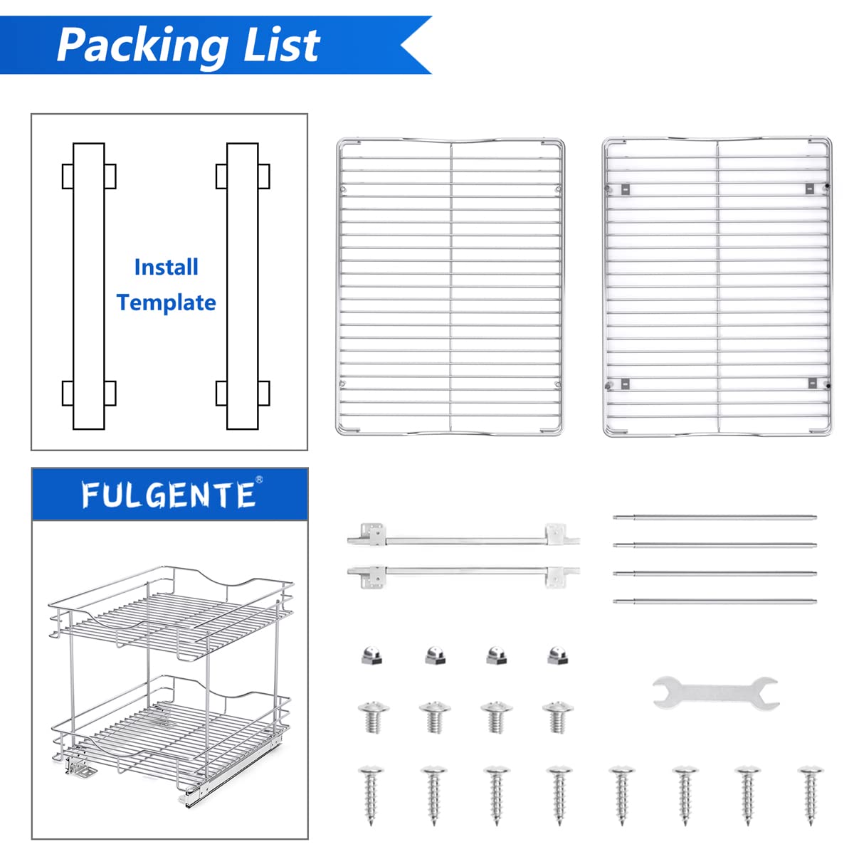 FULGENTE Chrome Finish Pull Out Drawer Cabinet Organizer 2 Tier (14" W X 18" D) Sliding Drawers For Kitchen Cabinets Cookware Organizer Drawer For Cabinet Slide Out Shelves