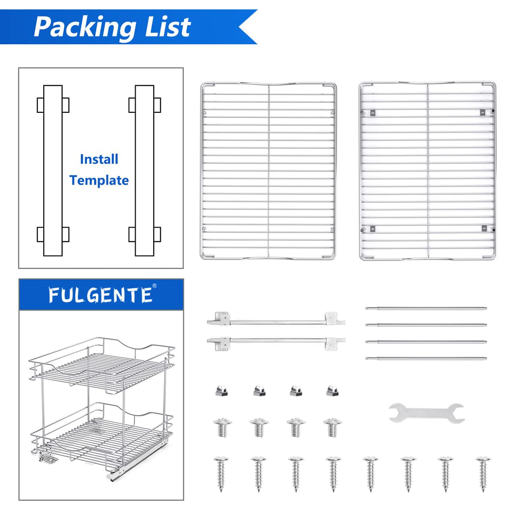 FULGENTE Chrome Finish Pull Out Drawer Cabinet Organizer 2 Tier (14" W X 18" D) Sliding Drawers For Kitchen Cabinets Cookware Organizer Drawer For Cabinet Slide Out Shelves