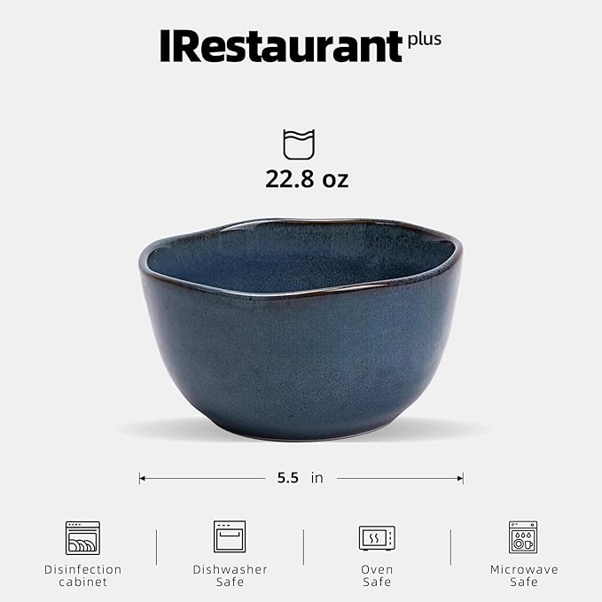 Organic Shape Highland Ceramic Cereal Bowl, 24pcs 5.5 Inch Handmade Reactive Glaze Stoneware Rice bowl with Wavy Edge, for Kitchen, Microwave & Dishwasher Safe, Scratch Resistant-Blue