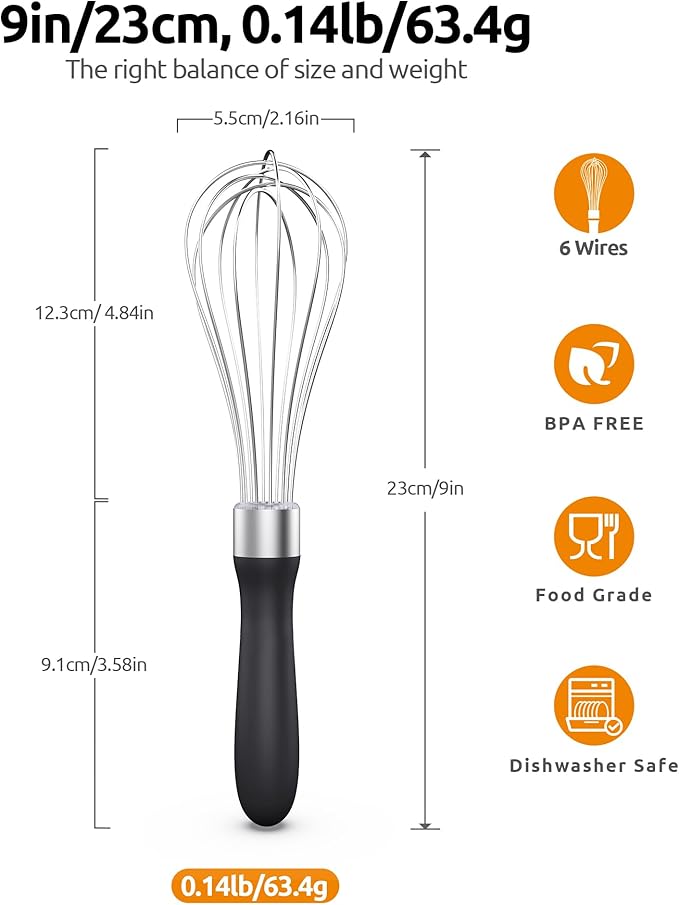 U-Taste Wire Whisk for Cooking, 18/10 Stainless Steel Balloon Wisk, S/Black