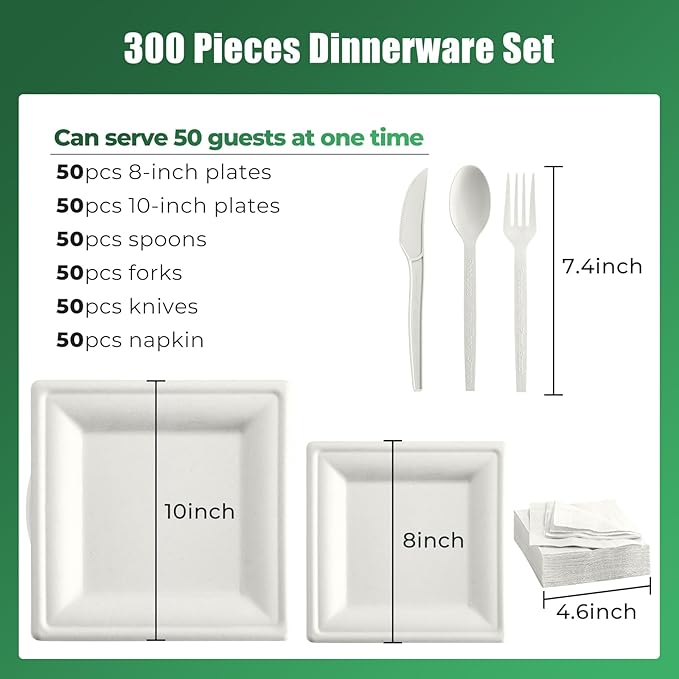 300 Pcs Biodegradable Paper Plates Set Disposable Dinnerware
